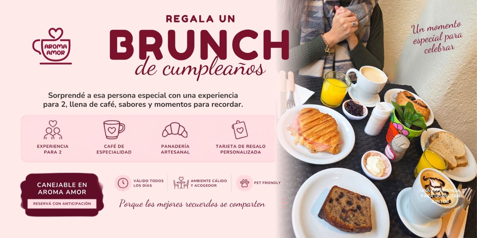 Regalá un Brunch de cumpleaños: experiencia para 2, café de especialidad, panadería artesanal y tarjeta de regalo personalizada. Canjeable en Aroma Amor, reservá con anticipación.